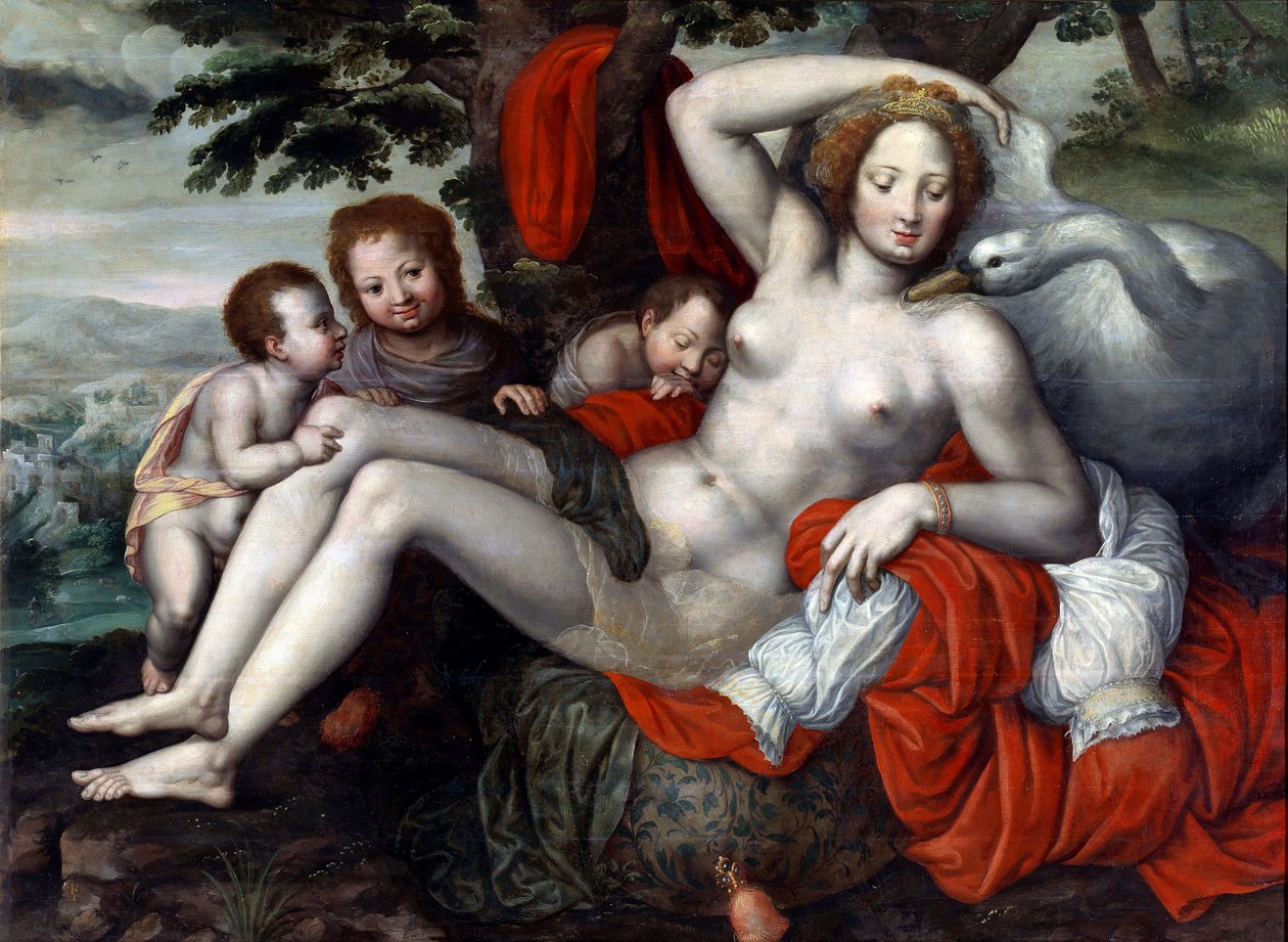 "Leda i łabędź"" - Leda i łabędź autorstwa Pencza, Georg (Jorg) (1500/02-1550), połowa XVI wieku. - Olej na drewnie, 92x126 - Muzeum Łąki, Madryt autorstwa Georg Pencz