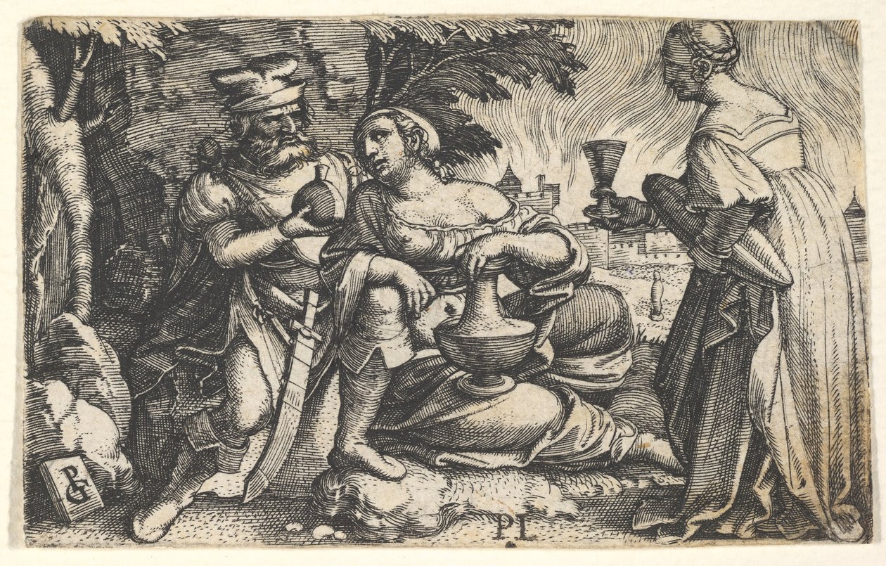 Lot i jego córki: córka w środku opiera prawą rękę na kolanie Lota i ve..., ca. 1531. autorstwa Georg Pencz