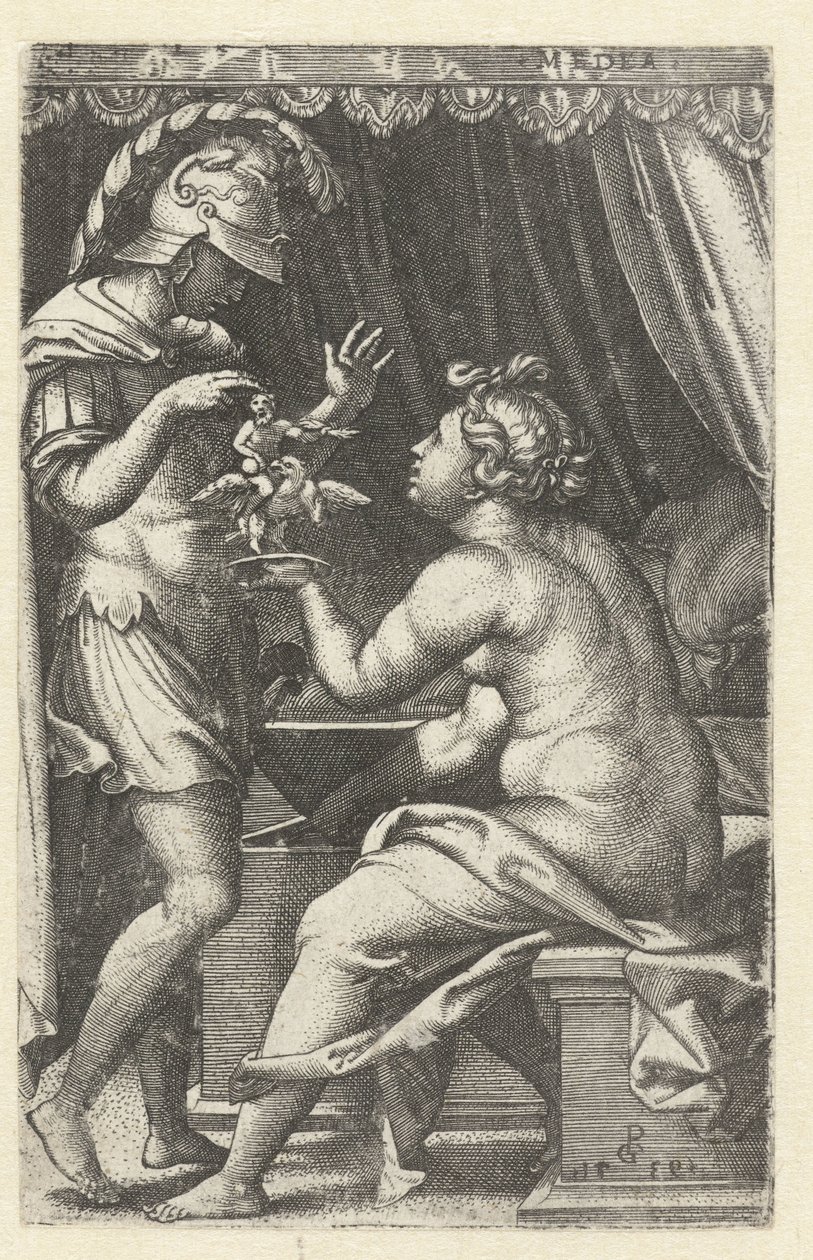 Medea daje Jasonowi wizerunek Ganimedesa z orłem Medea zwraca Jasonowi Penaten Medea (tytuł na obiekcie) Greckie bohaterki (tytuł serii) autorstwa Georg Pencz