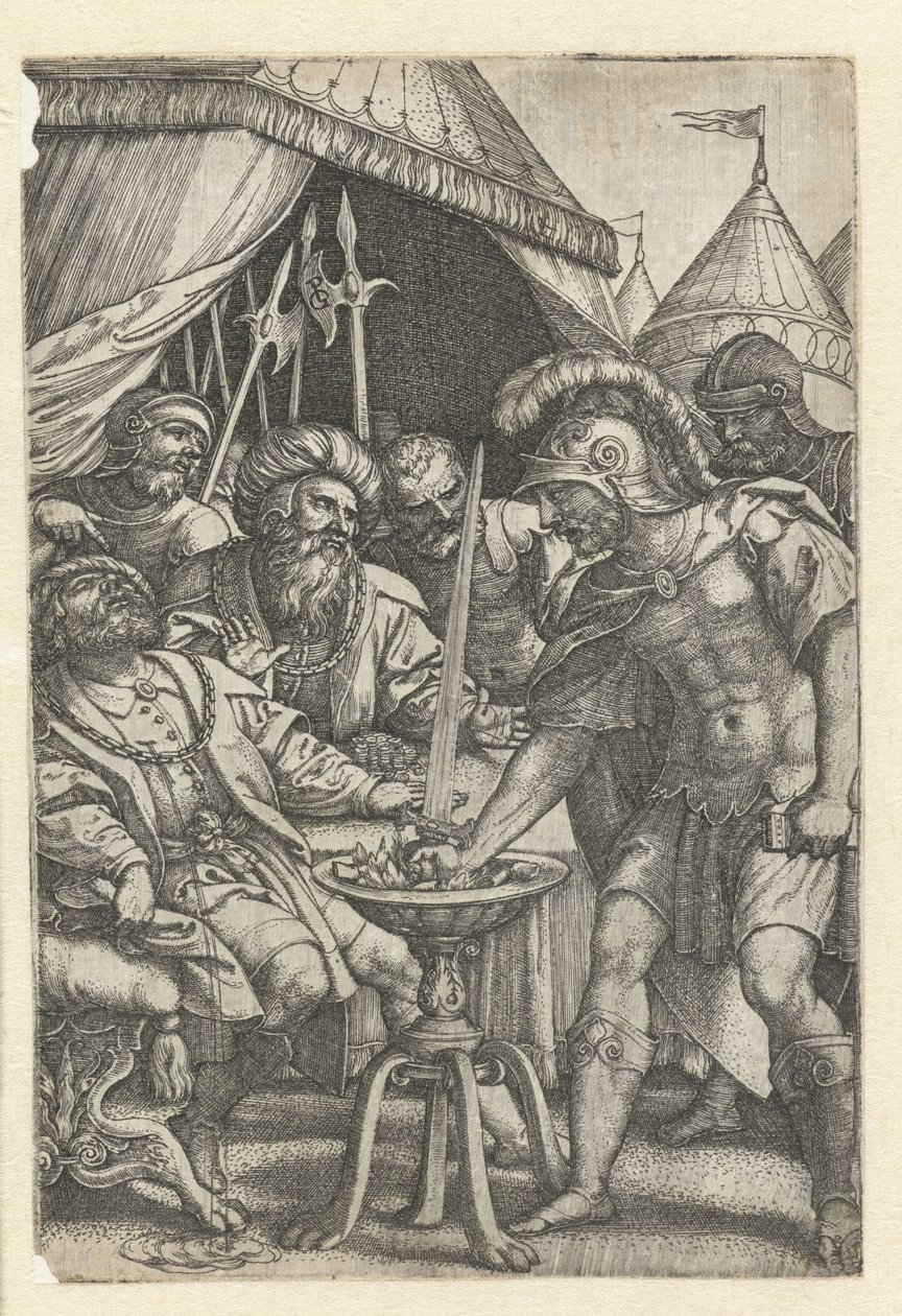Mucius Scaevola wkłada prawą rękę do ognia Bohaterowie rzymscy (tytuł serii) autorstwa Georg Pencz