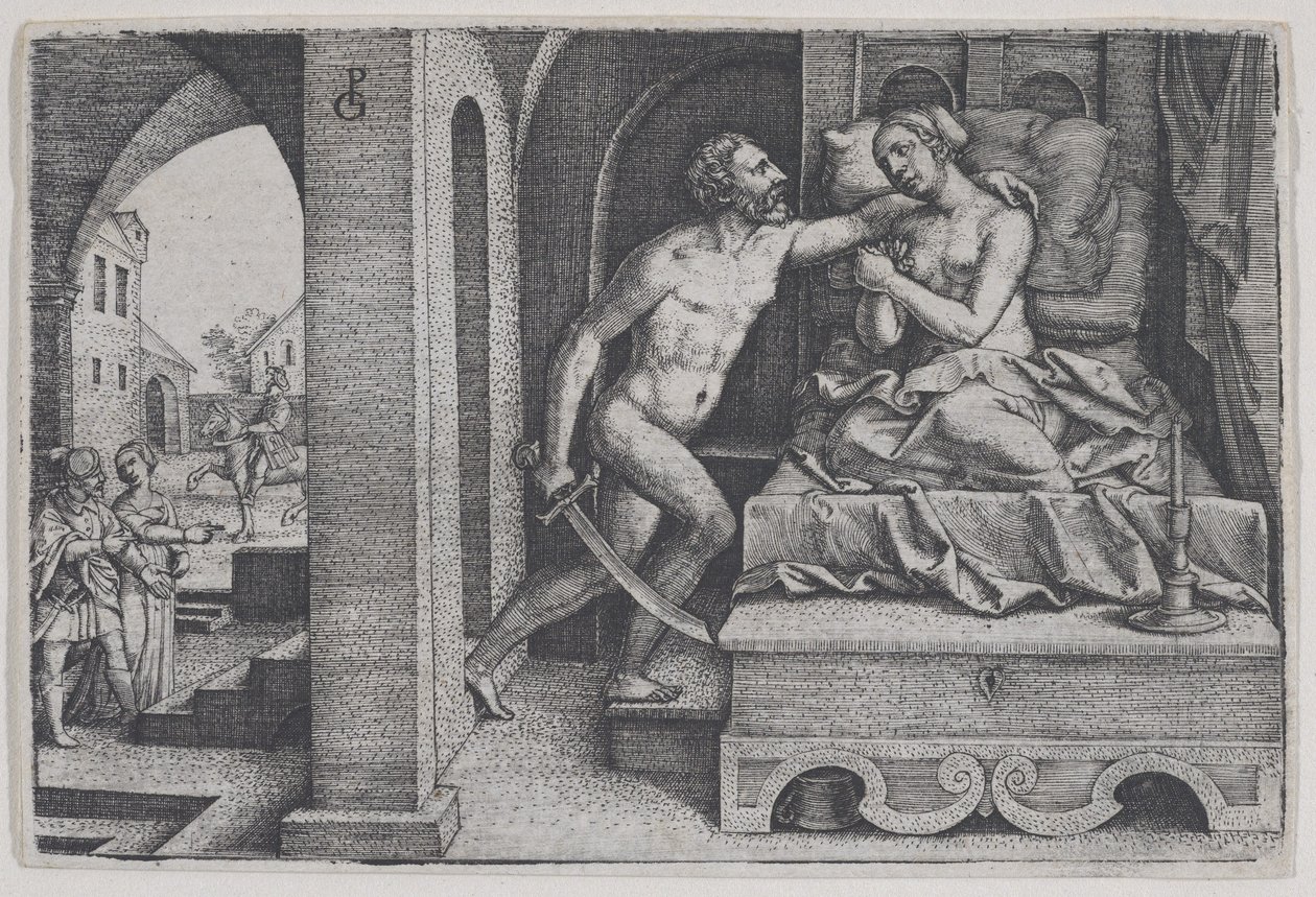 Tarquinius gwałci Lukrecję, ze scen z historii rzymskiej. autorstwa Georg Pencz