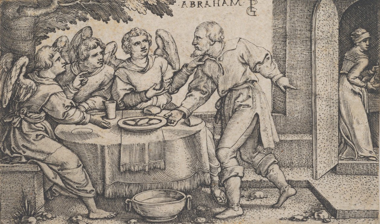 Trzej aniołowie odwiedzający Abrahama, z Historii Abrahama. autorstwa Georg Pencz