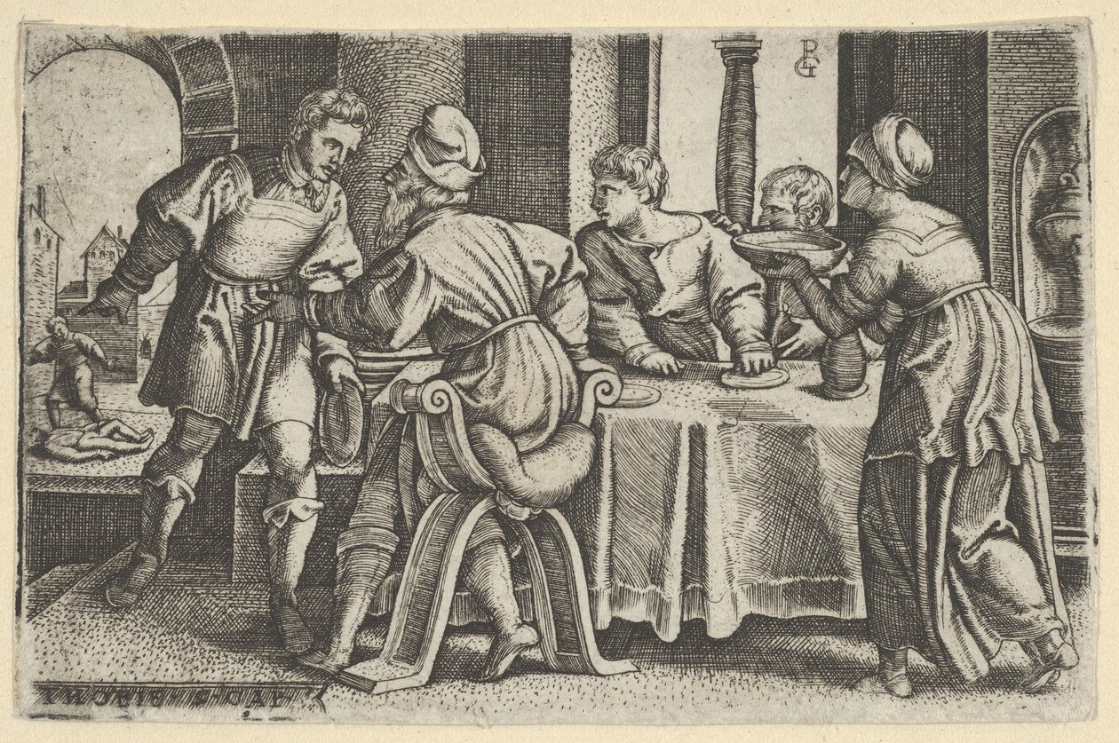 Tobiasz opuszczający stół, z The Story of Tobias, 1543. autorstwa Georg Pencz