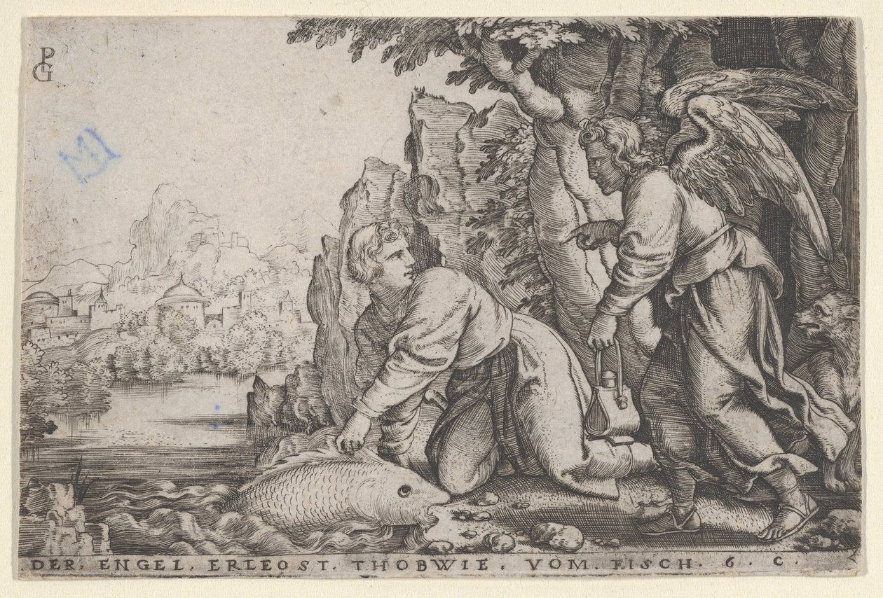 Tobiolus łapie rybę, z Historii Tobiasza, 1543. autorstwa Georg Pencz