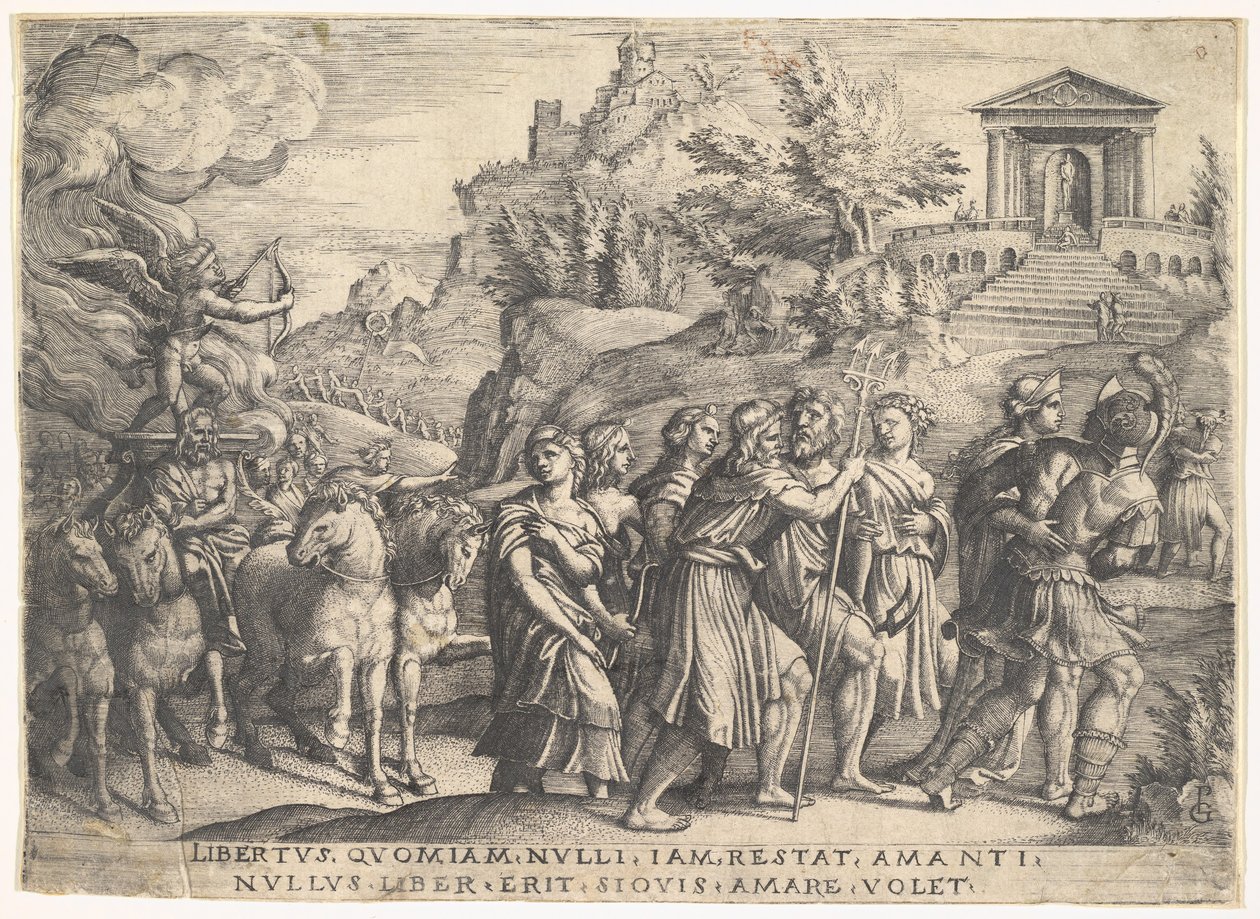 Triumf Miłości: cztery konie ciągną karetę z Kupidynem stojącym na palącym podeście..., ok. godz. 1539. autorstwa Georg Pencz