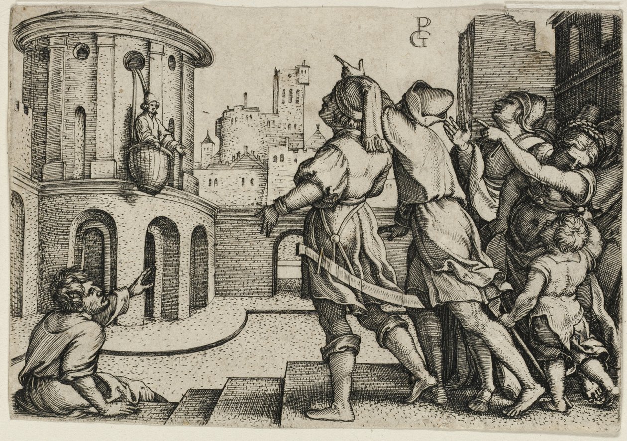 Virgil zawieszony w koszyku, kopia autorstwa Georg Pencz