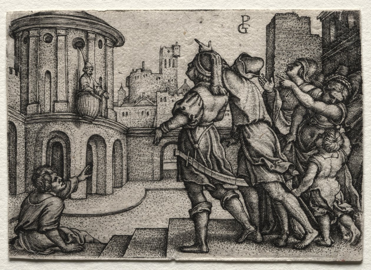 Wergiliusz wiszący w koszu autorstwa Georg Pencz