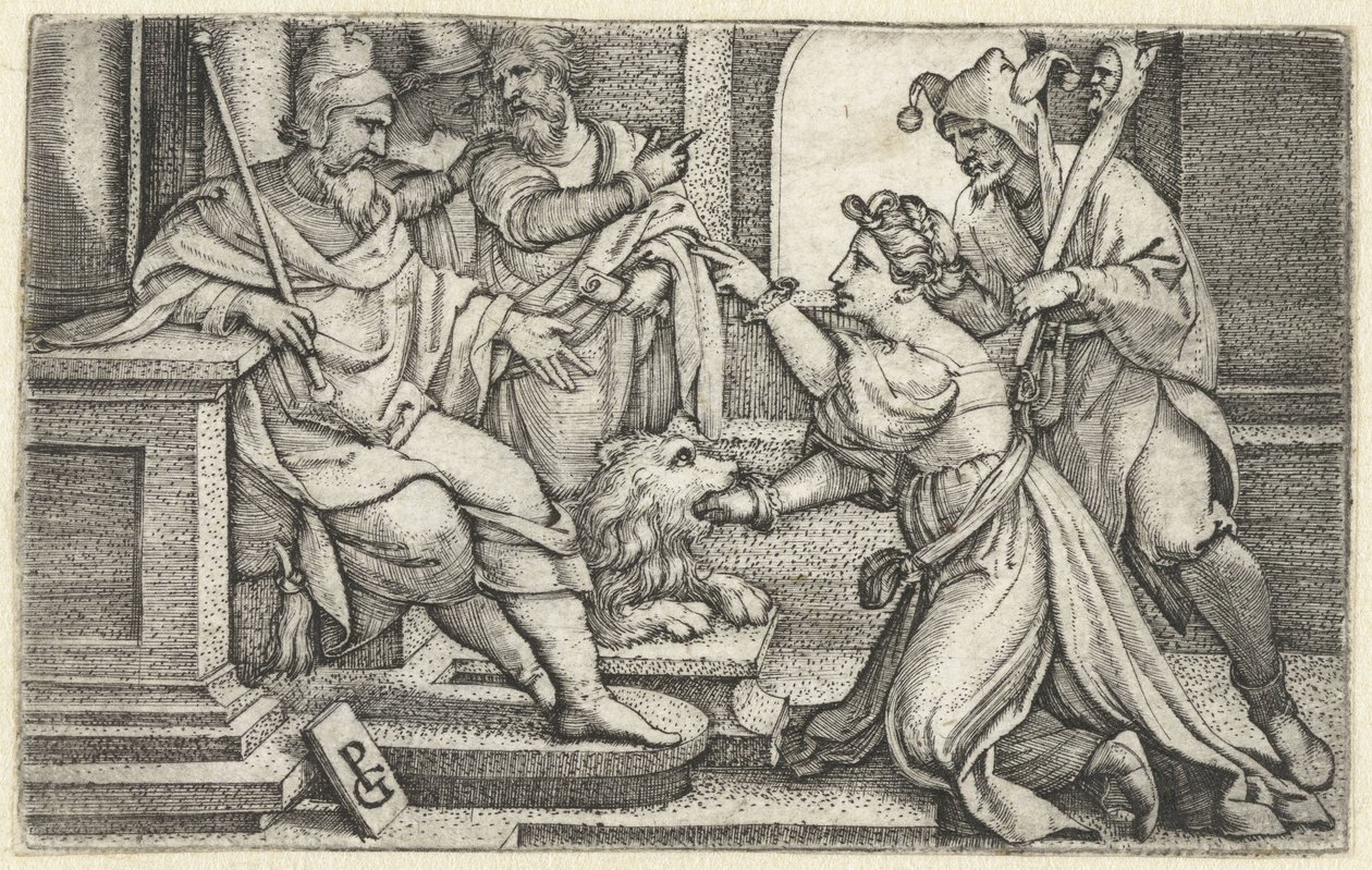 Kobieta deklaruje swoją niewinność pod przysięgą Usta Prawdy Bocca della Verita autorstwa Georg Pencz