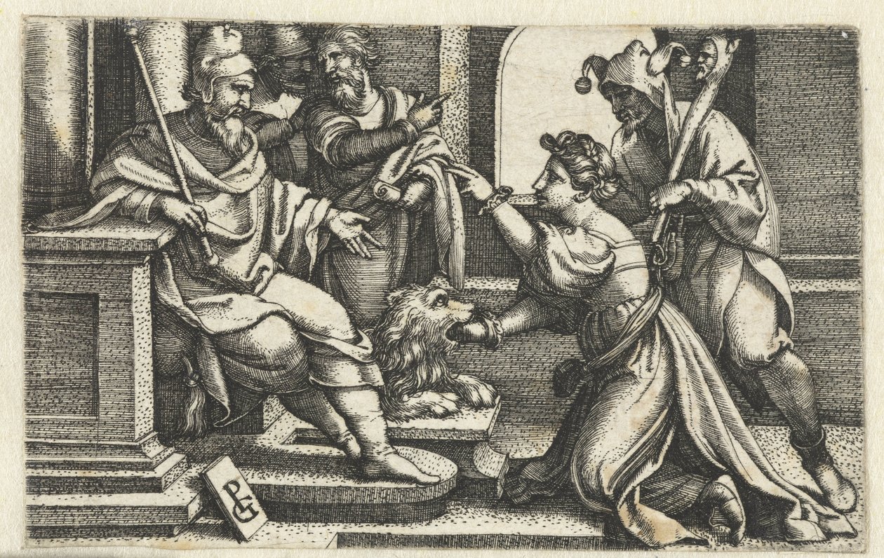 Kobieta deklaruje swoją niewinność pod przysięgą usta prawdy Bocca della Verita autorstwa Georg Pencz