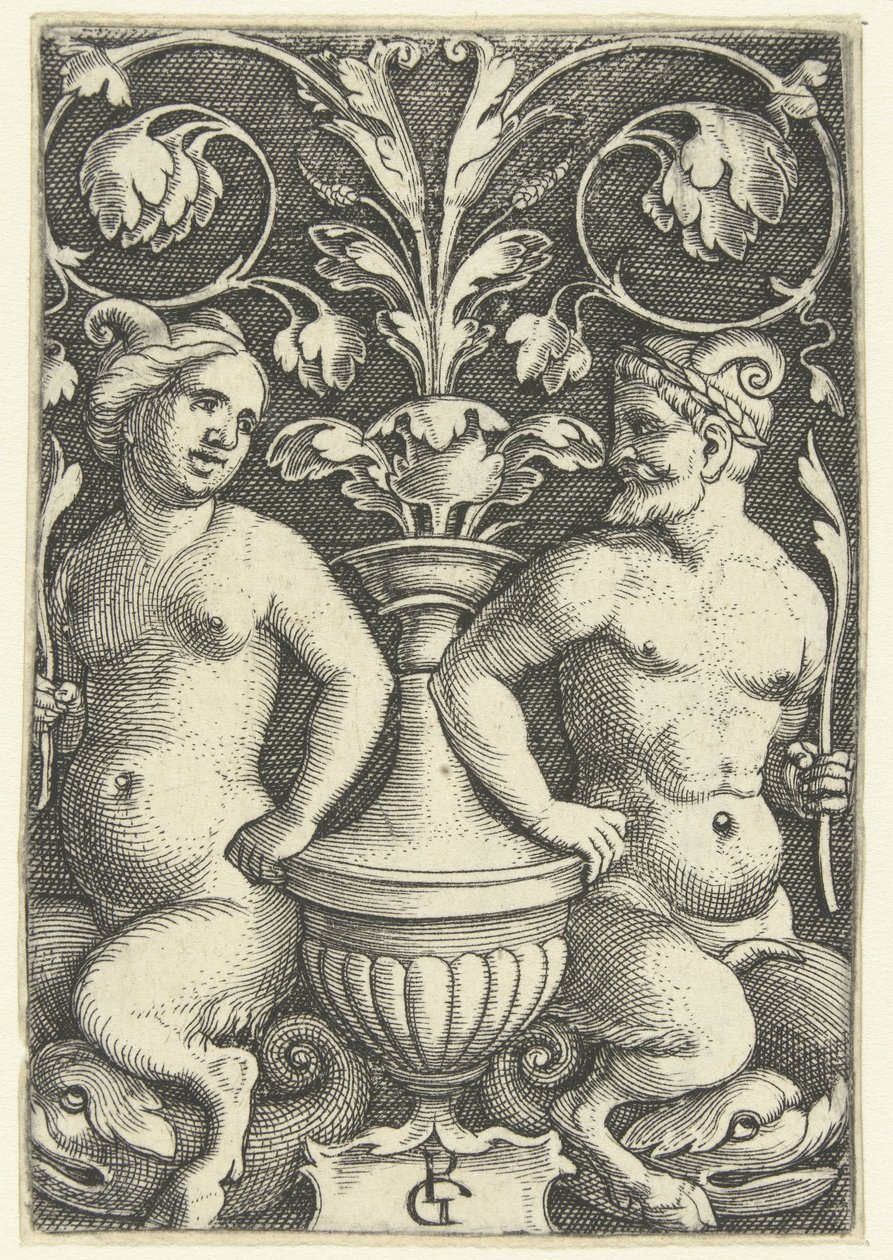Satyra żeńska i męska Ozdoby powierzchniowe z groteski i liści winorośli (tytuł serii) autorstwa Georg Pencz