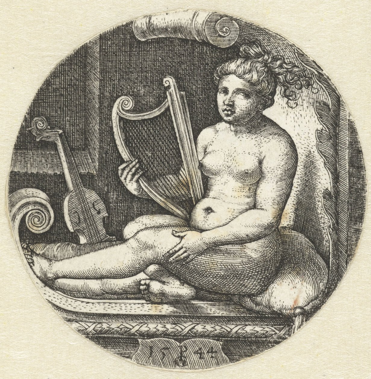 Siedząca naga kobieta z harfą harfiarz autorstwa Georg Pencz
