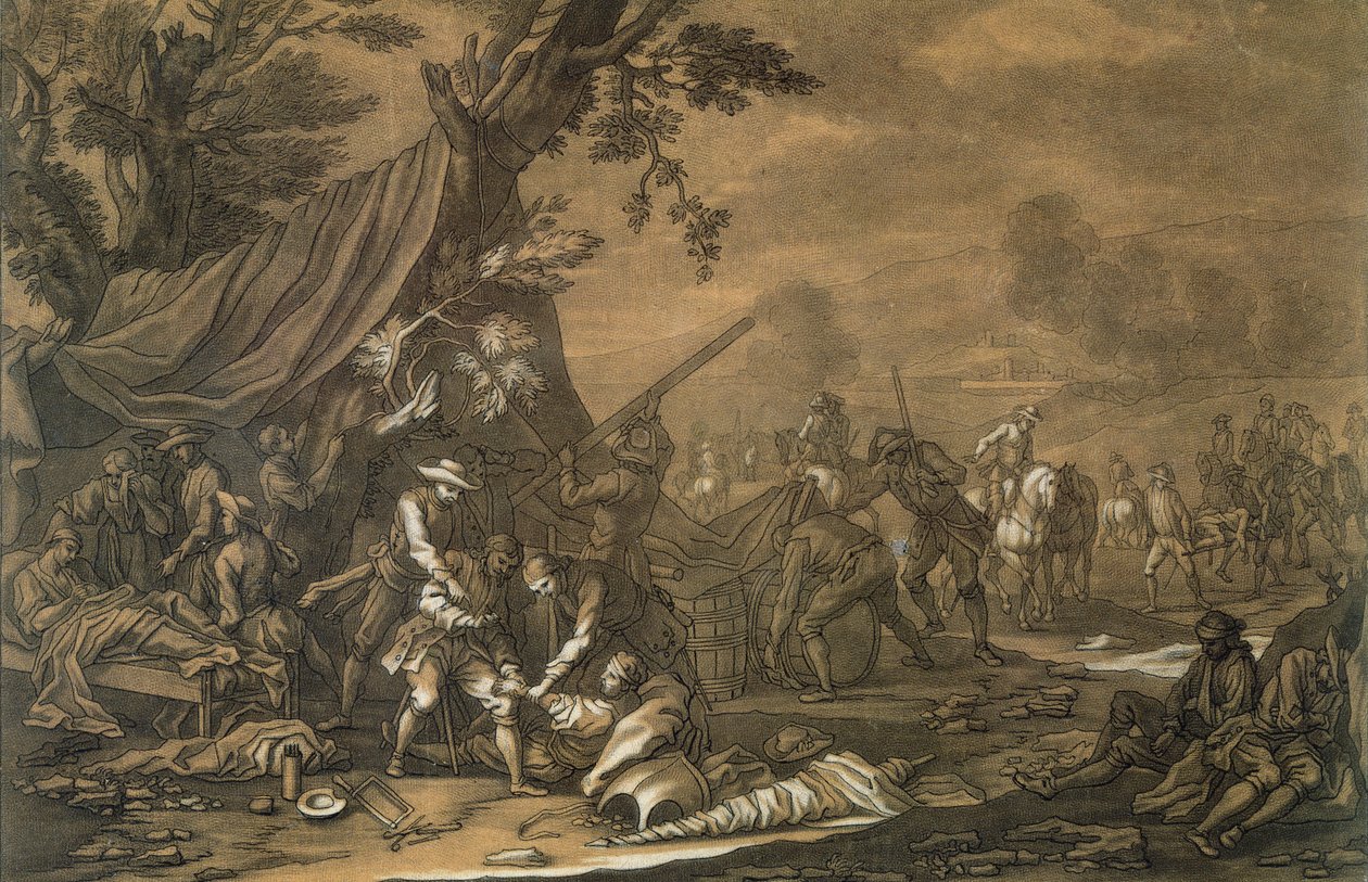Chirurg wojskowy pola bitwy podczas hiszpańskiej wojny o sukcesję, 1707, ryty przez Christiana Rugendasa (1708-81) c.1740 autorstwa Georg Philipp I Rugendas