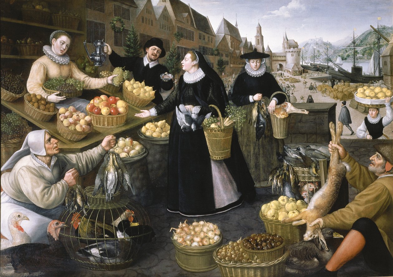 Alegoria jesieni: stragan z owocami i warzywami nad Weinmarkt we Frankfurcie nad Menem autorstwa Georg and Valkenborch Lucas Van Flegel