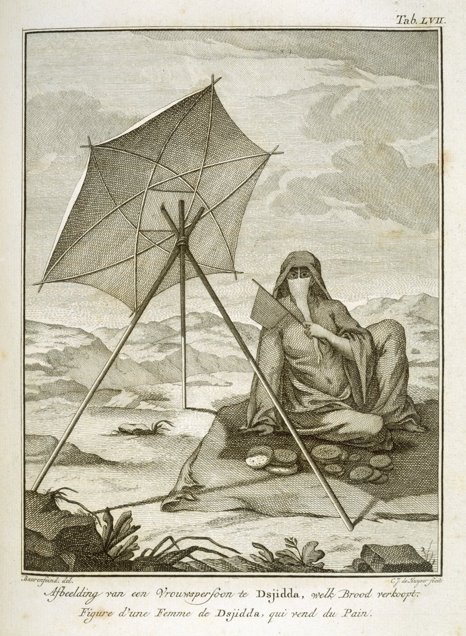 Kobieta z Dsjiddy robiąca płaskie pieczywo na pustyni, ryty przez C.J. de Huysera, opublikowana ok. 1772–74 autorstwa Georg Wilhelm Baurenfeind