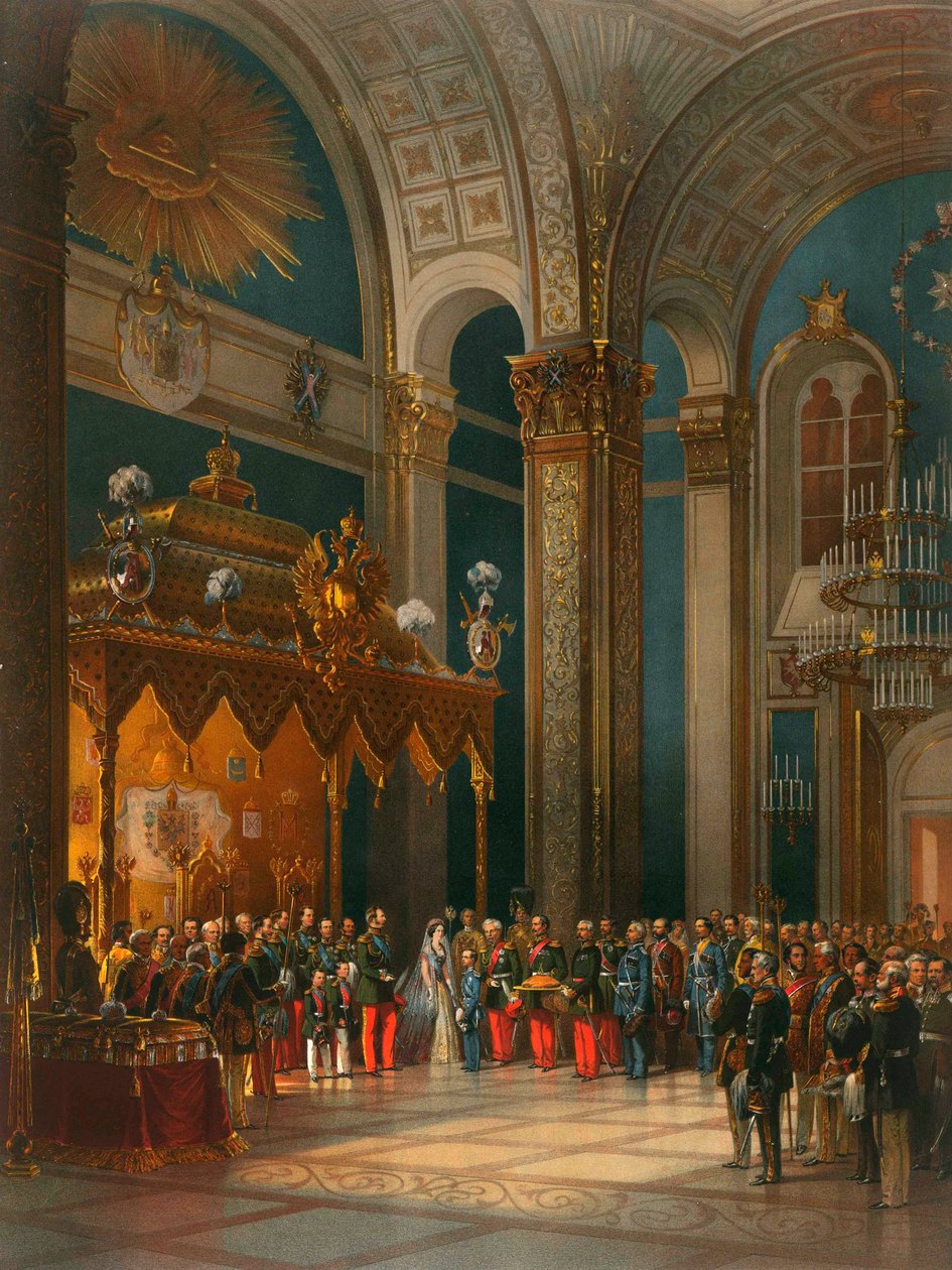 Hołd oficerów kozackich w Sali Tronowej, koronacja cara Aleksandra II, Moskwa, 1856 r. autorstwa Georg Wilhelm Timm