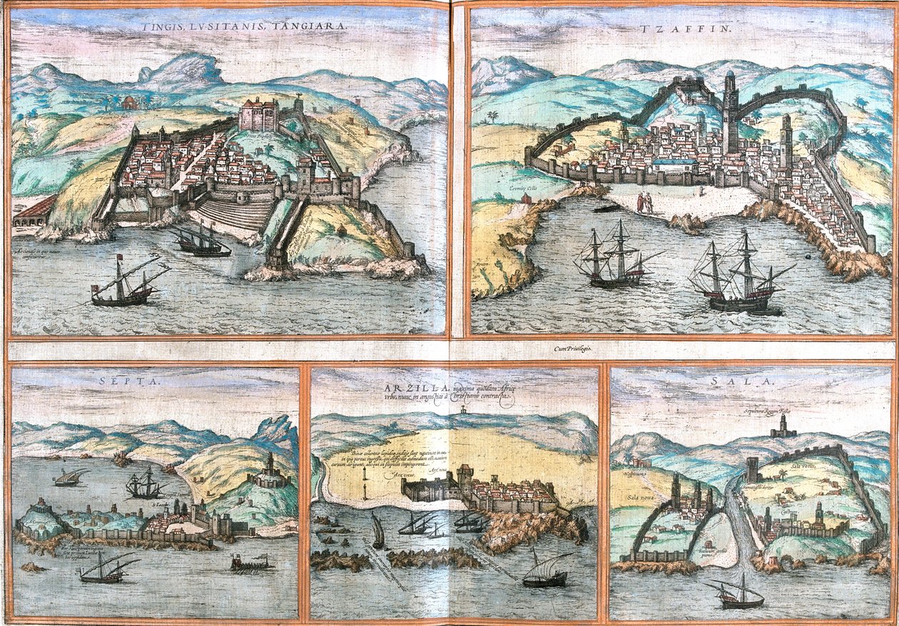 Tanger, Safi, Ceuta, Asilah, Salé, Maroko, Z książki Civitates orbis terrarum Brauna i Hogenberga. Rok wydania 1572, Kolonia. autorstwa Georg Braun und Franz Hogenberg