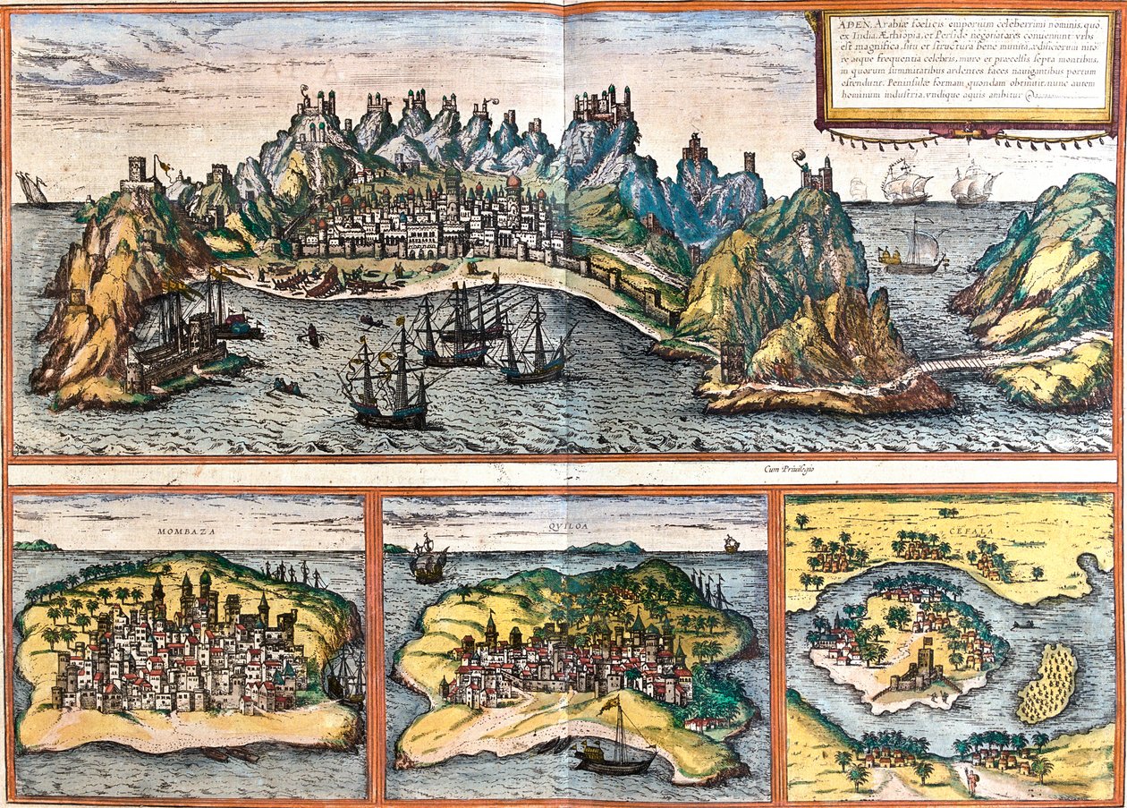 Aden, Mombasa, Kilwa, Nova Sofala, Jemen, Kenia, Tanzania, Mozambik autorstwa Georg and Hogenberg Franz (1535 90) Braun