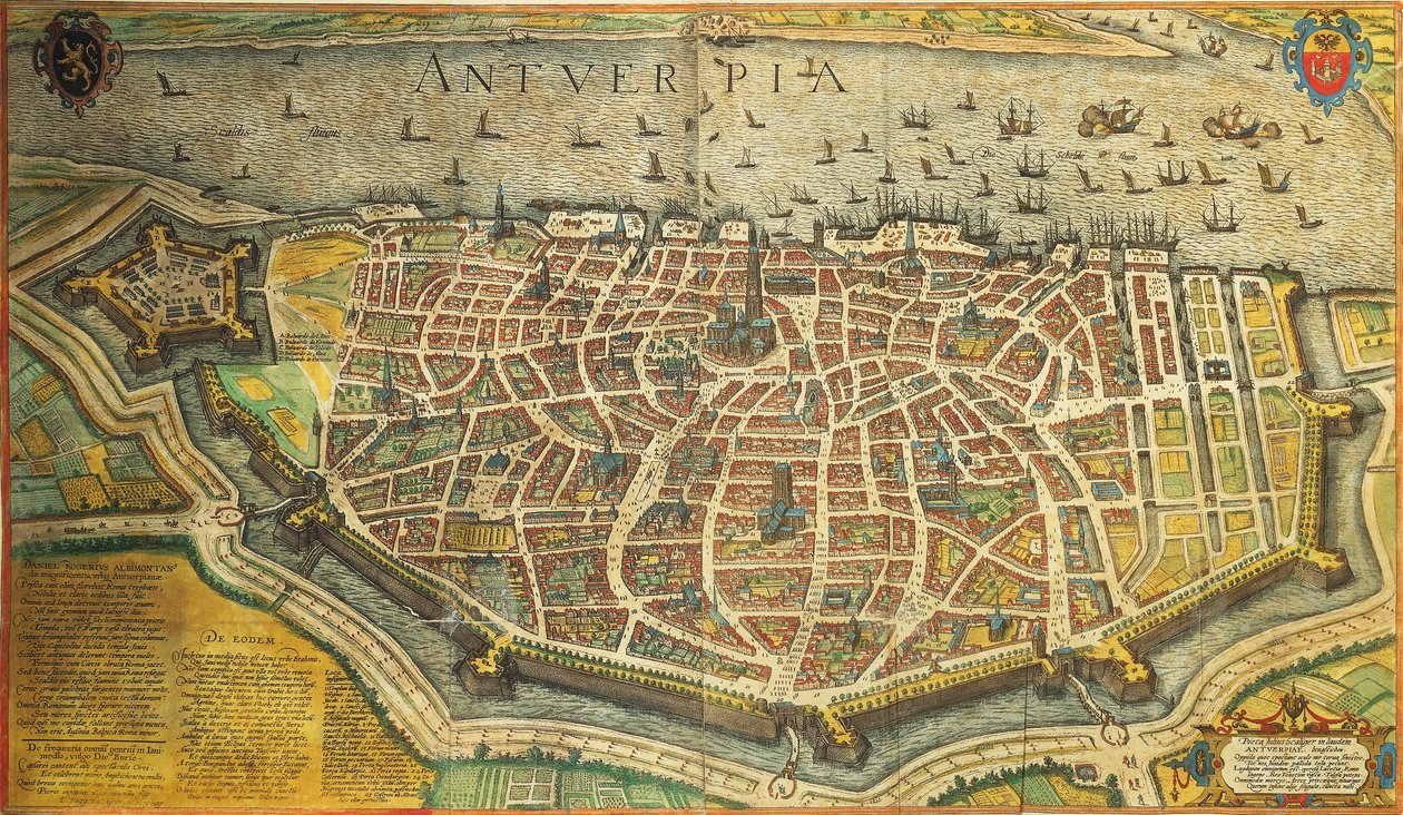 Belgia, Antwerpia autorstwa Georga Brauna i Franza Hogenberga ze Stanów Zjednoczonych, grawerowanie kolorem autorstwa Georg Braun and Hogenberg Franz