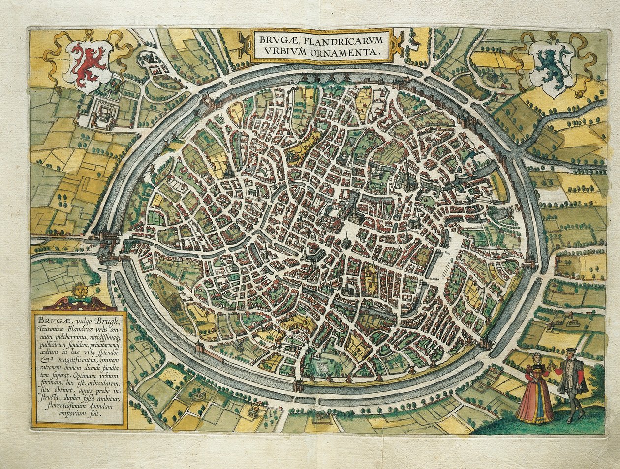 Belgia, mapa Brugii z miast świata autorstwa Georga Brauna (1541-1622) i Franza Hogenberga (1540-1590), Kolonia, rycina autorstwa Georg Braun and Hogenberg Franz