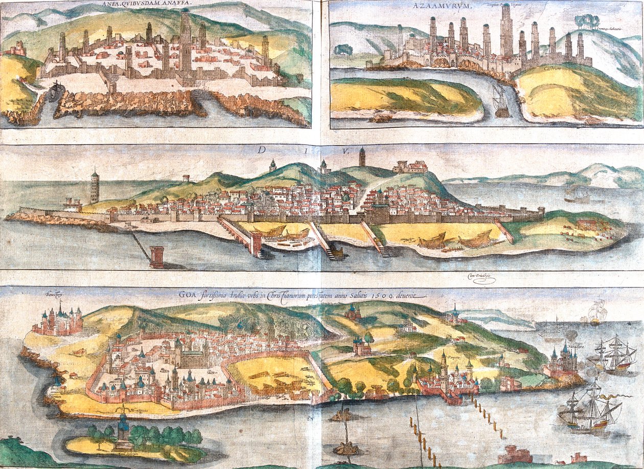 Casablanca, Azemmour, Diu, Goa, Maroko, Indie autorstwa Georg and Hogenberg Franz (1535 90) Braun