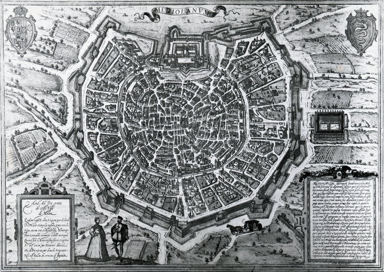 Plan Mediolanu, 1572, Antonio Lafreri (1512-1577), opublikowany przez Georga Brauna i Franza Hogenberga, Włochy autorstwa Georg Braun and Hogenberg Franz