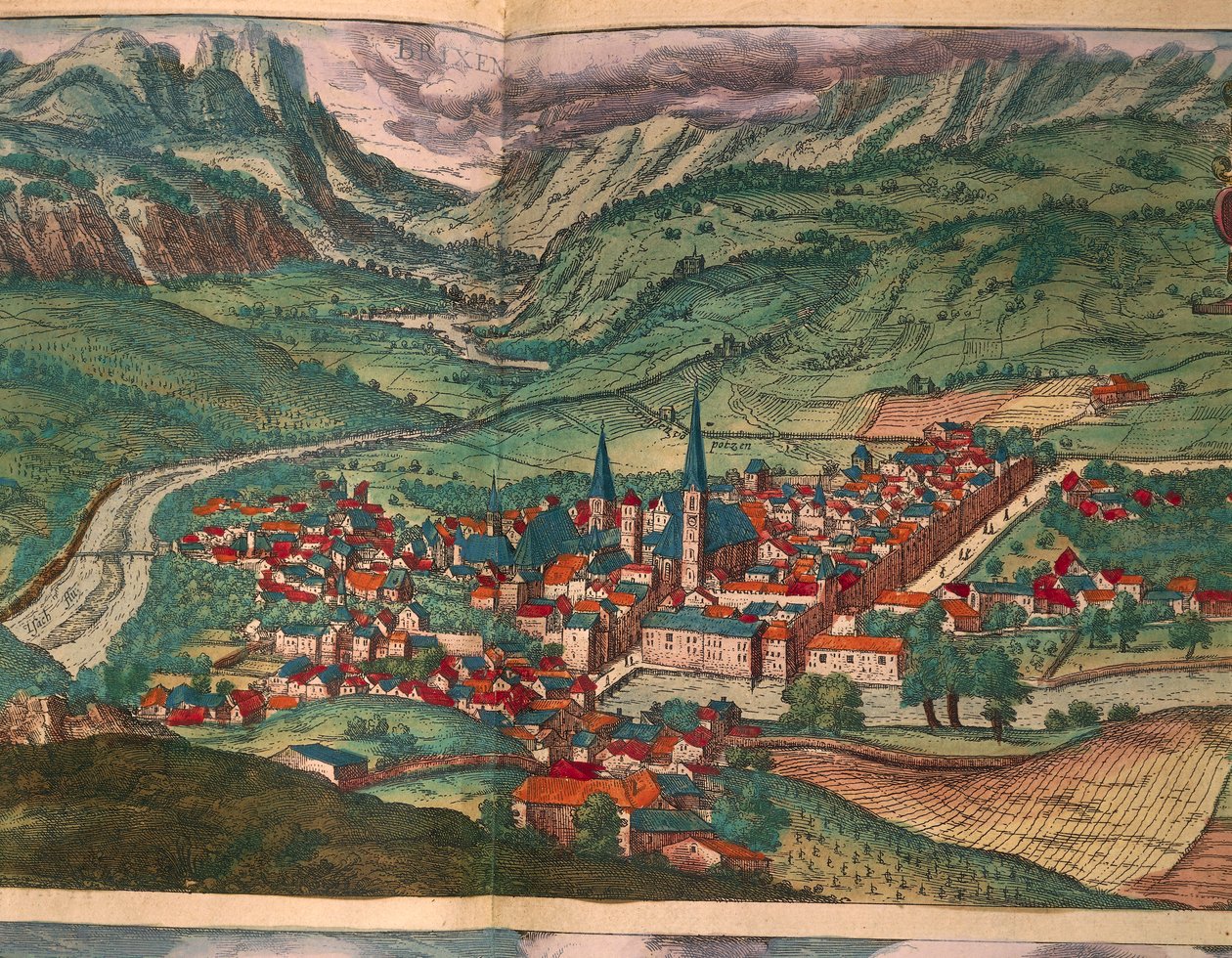 Miasto Bressanone, z Miast świata autorstwa Georga Braun autorstwa Georg Braun and Hogenberg Franz