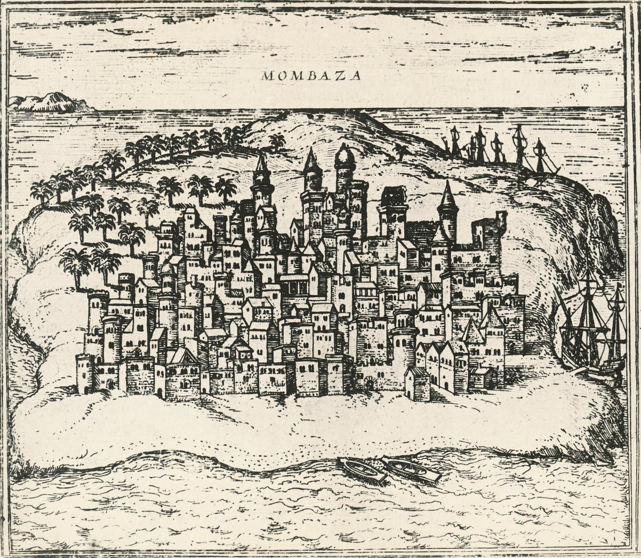 Miasto Mombasa w Kenii, rycina z Banku Światowego autorstwa Georg Braun and Hogenberg Franz