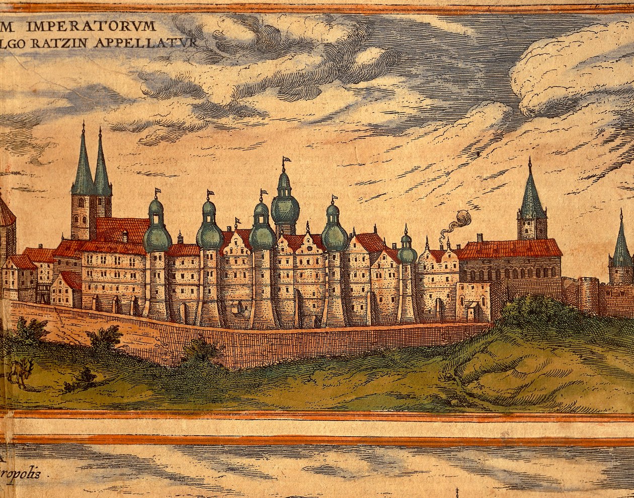 Czechy, Praga, Widok pałacu, kolororyt z Civitates Orbis Terrarum autorstwa Georga Brauna (1541-1622) i Franza Hogenberga (1535-1590) autorstwa Georg Braun and Hogenberg Franz