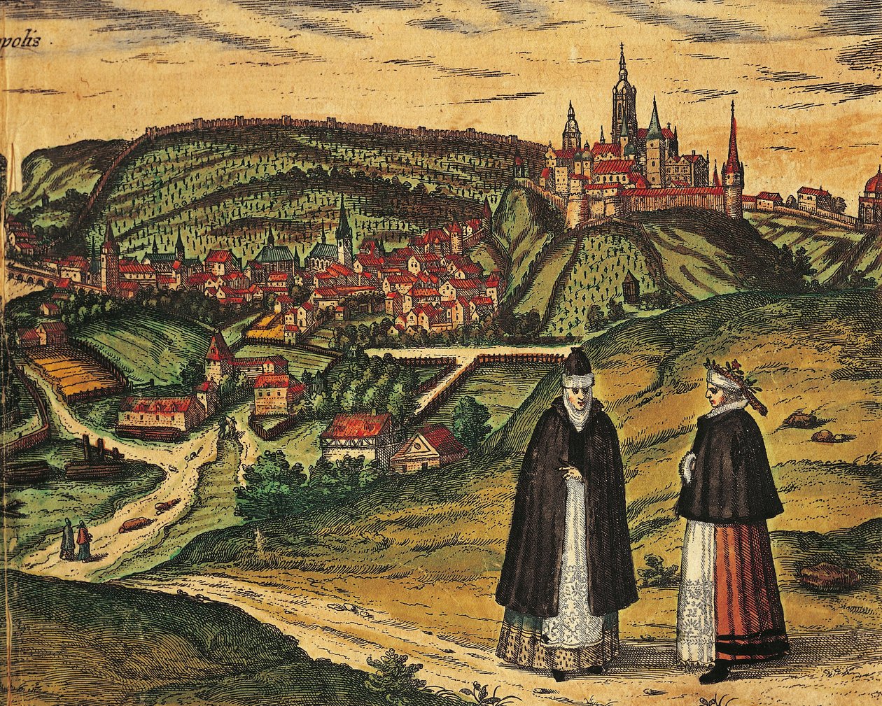 Czechy, Praga, Widok miasta z cytadelą w tle, kolorowa grafika z Civitates Orbis Terrarum autorstwa Georga Brauna (1541-1622) i Franza Hogenberga (1535-1590) autorstwa Georg Braun and Hogenberg Franz