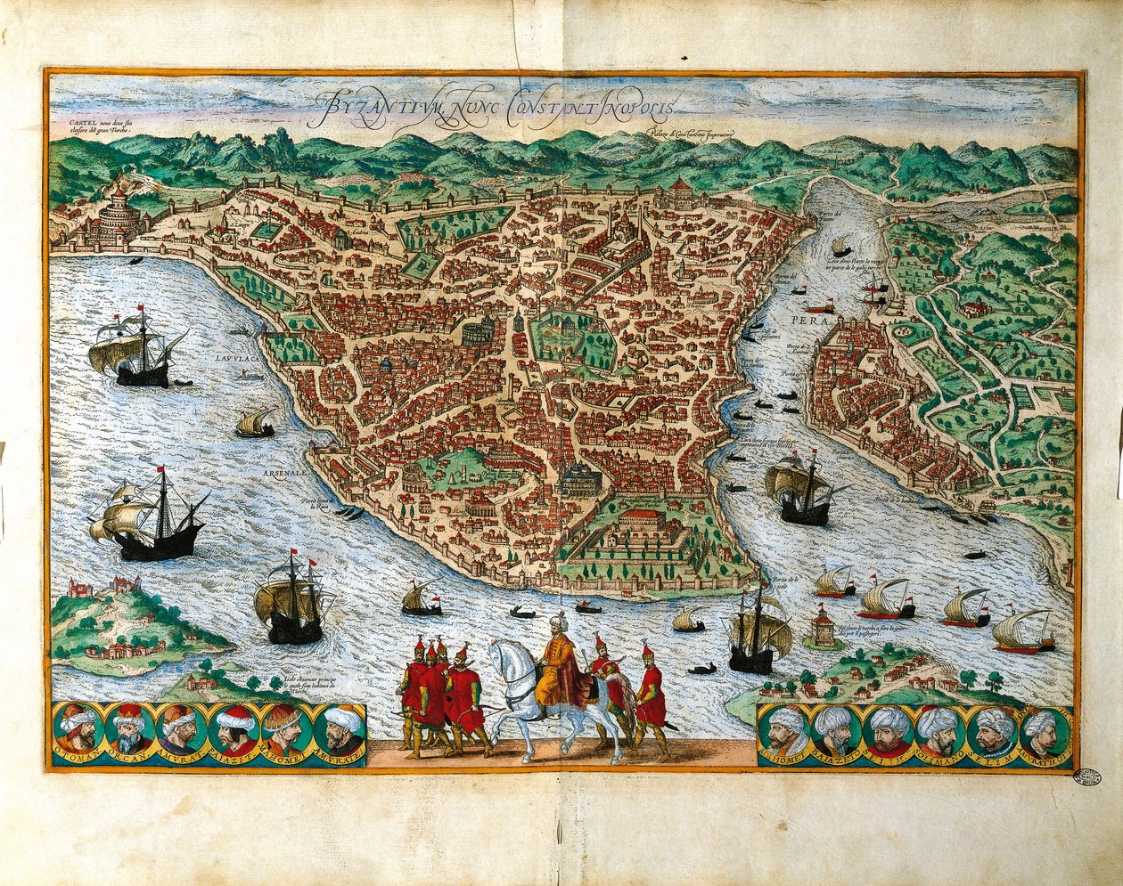Włochy, Mediolan, Widok perspektywiczny miasta Konstantynopol autorstwa Georga Brauna (1541-1622) i Franza Hogenberga (1535-1590), grawerowanie kolorem autorstwa Georg Braun and Hogenberg Franz