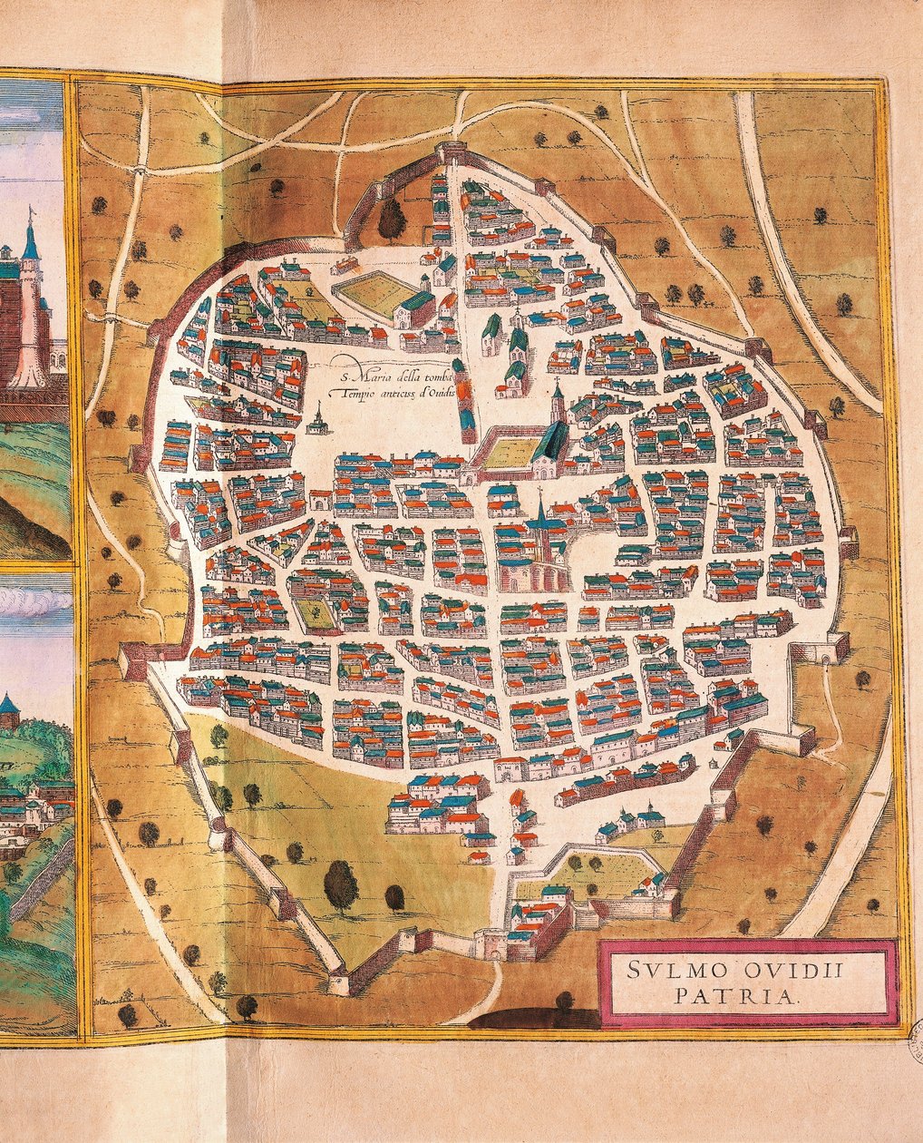 Włochy, Sulmona, miasto Sulmona z Civitates Orbis Terrarum autorstwa Georga Brauna i Franza Hogenberga, rycina autorstwa Georg Braun and Hogenberg Franz