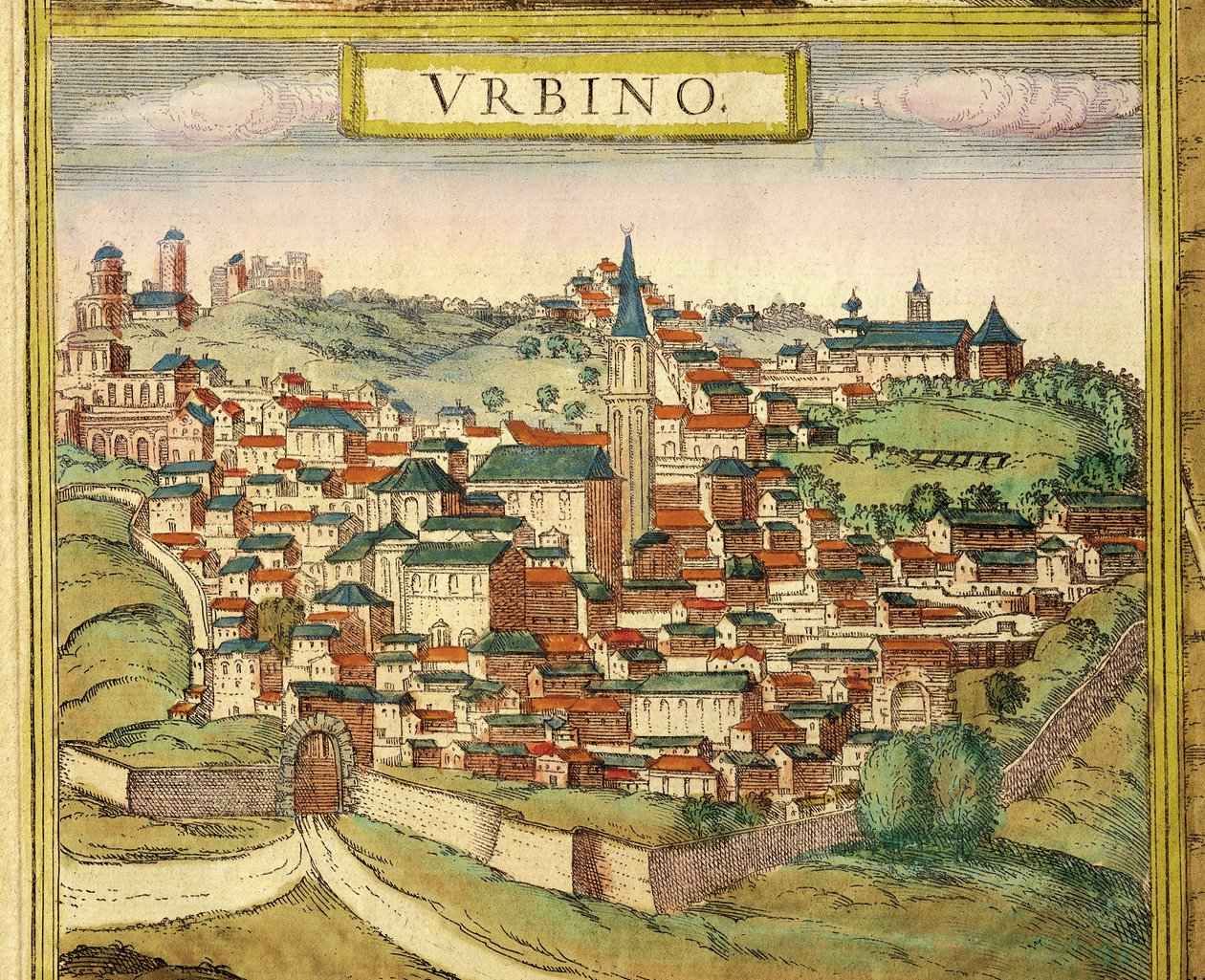 Włochy, Urbino, Widok na miasto, kolororyt z Civitates Orbis Terrarum autorstwa Georga Brauna (1541-1622) i Franza Hogenberga (1535-1590) autorstwa Georg Braun and Hogenberg Franz