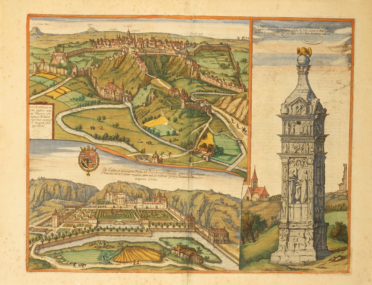 Miasto Luksemburg, Pałac Wielkiego Księcia i Kamienny Pomnik z Civitates Orbis Terrarum autorstwa Georga Braun autorstwa Georg Braun and Hogenberg Franz