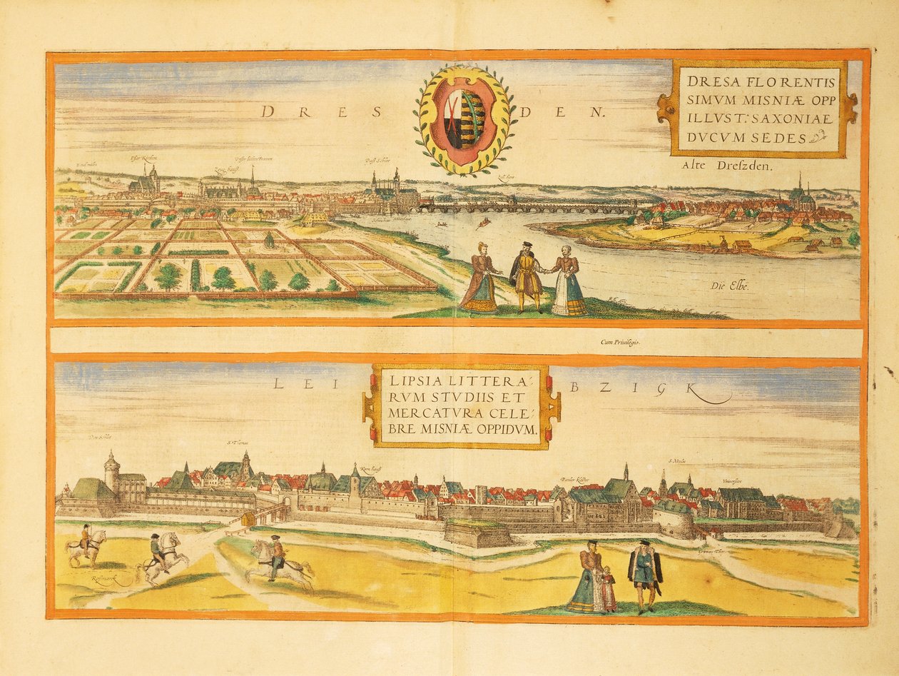 Mapa Drezna i Lipska z Miast Świata Georga Braun autorstwa Georg Braun and Hogenberg Franz