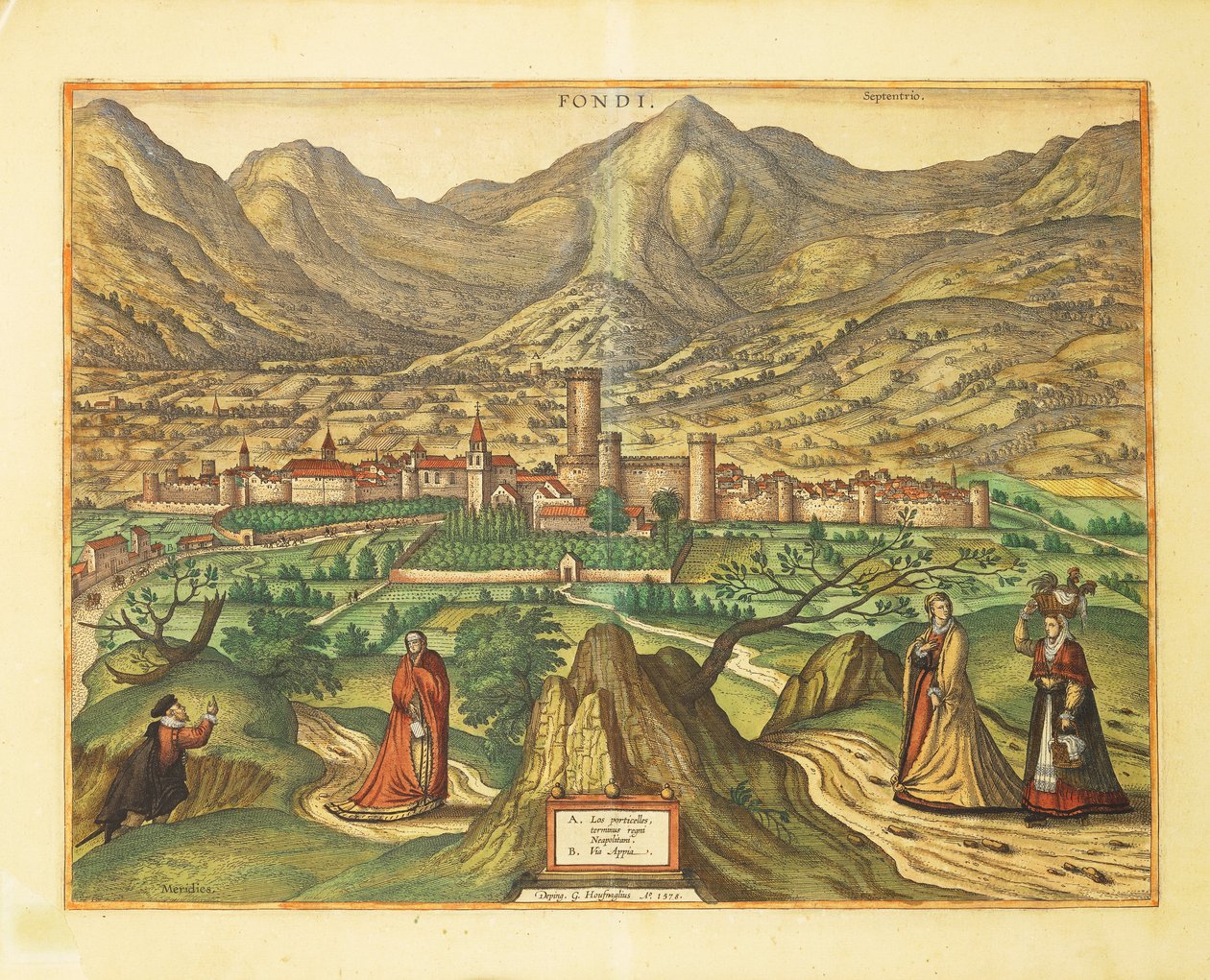 Mapa Fondi, region Lacjum z Miast Świata autorstwa Georga Braun autorstwa Georg Braun and Hogenberg Franz