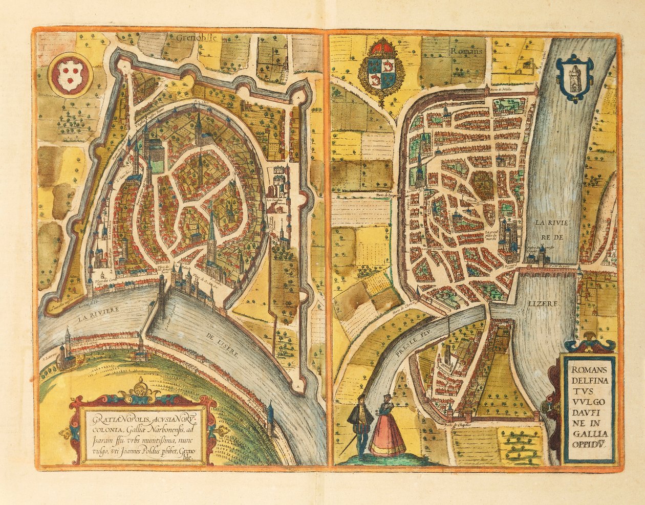 Mapa Grenoble i Le Mans z miast świata autorstwa Georga Braun autorstwa Georg Braun and Hogenberg Franz