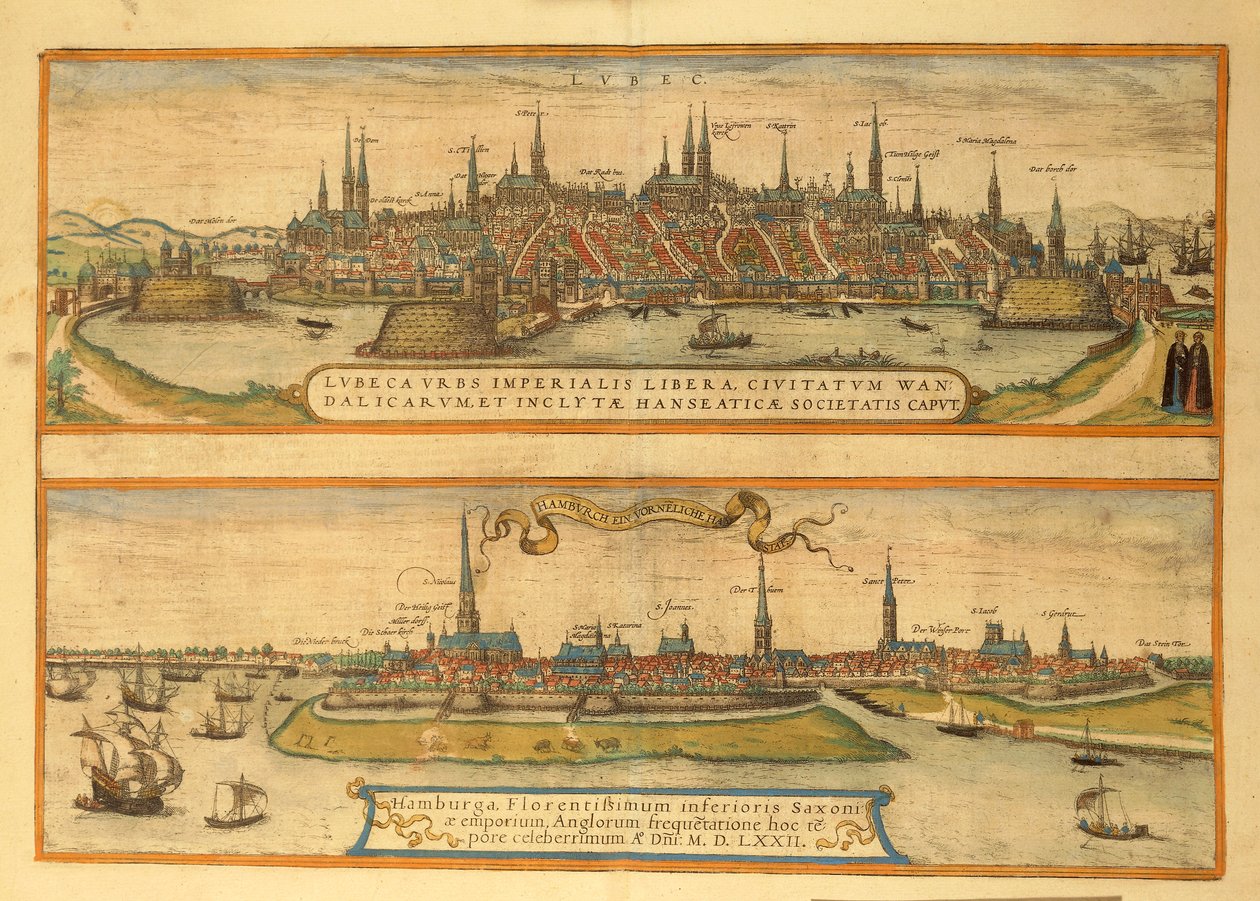 Mapa Lubeki i Hamburga z miast świata autorstwa Georga Braun autorstwa Georg Braun and Hogenberg Franz