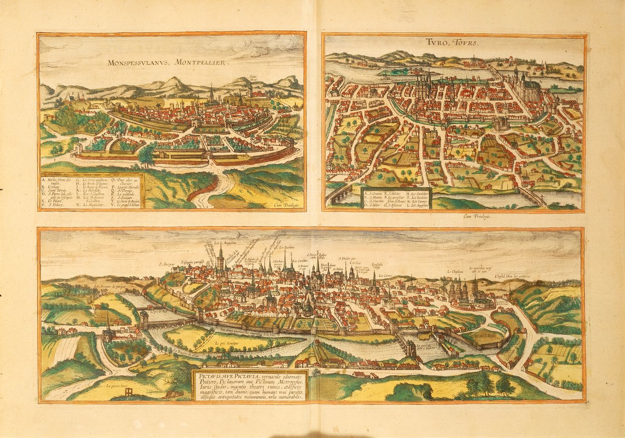 Mapa Montpellier, Tours i Poitiers z Civitates Orbis Terrarum autorstwa Georga Braun autorstwa Georg Braun and Hogenberg Franz