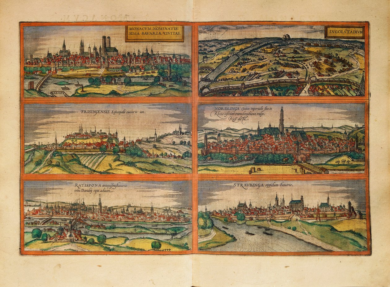 Mapa Monachium, Ingolstadt, Freising, Nordlingen, Regensburg i Straubing, Niemcy, z Civitates Orbis Terrarum autorstwa Georga Brauna autorstwa Georg Braun and Hogenberg Franz
