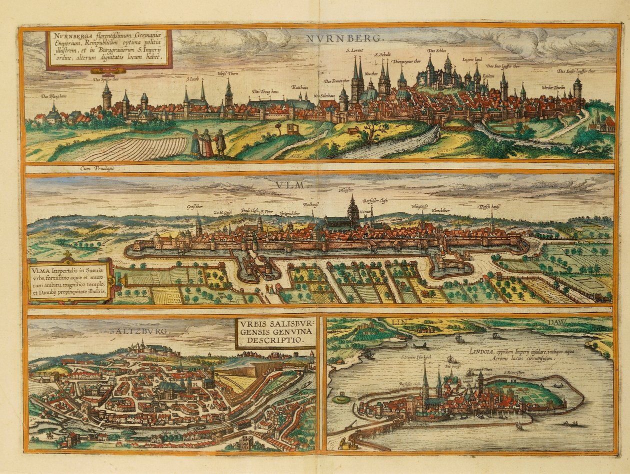 Mapa Norymbergi, Ulm, Salzburga i Lindau z Civitates Orbis Terrarum autorstwa Georga Braun autorstwa Georg Braun and Hogenberg Franz