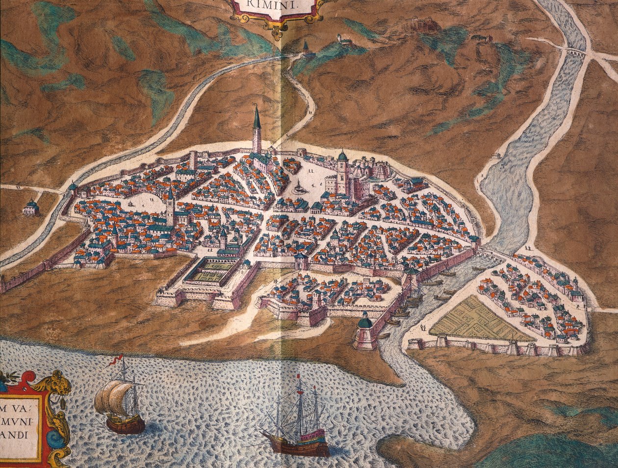 Mapa Rimini, autorstwa Georga Brauna i Franza Hogenberga, kolorowa grawerunek z Civitates Orbis Terrarum, Włochy autorstwa Georg Braun and Hogenberg Franz