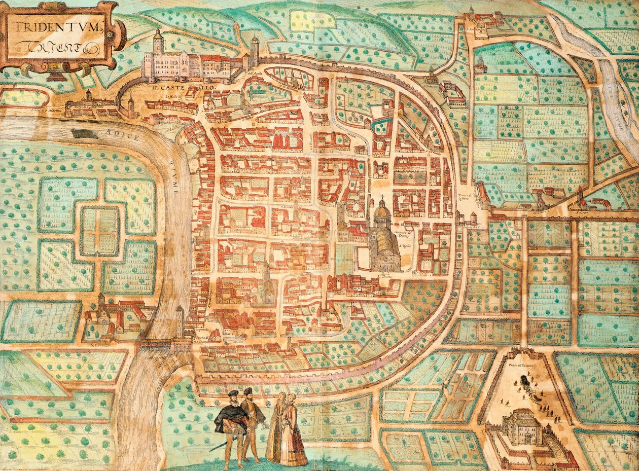 Mapa Tridentum, dziś Trent, autorstwa Georga Brauna i Franza Hogenberga, kolorowy grawerunek z Civitates Orbis Terrarum, Włochy autorstwa Georg Braun and Hogenberg Franz