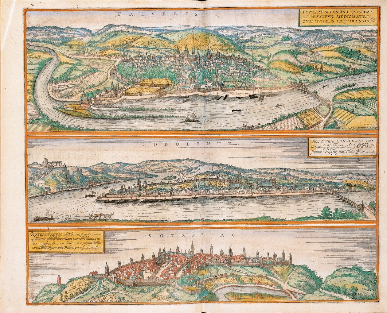 Mapa Trewiru, Koblencji i Rothenburga z Civitates Orbis Terrarum autorstwa Georga Braun autorstwa Georg Braun and Hogenberg Franz