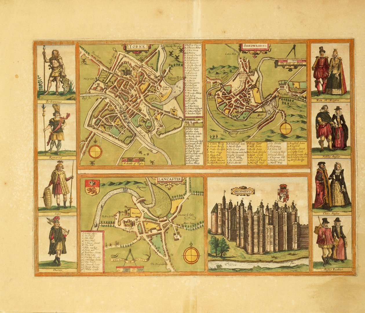 Mapa Yorku, Shrewbury, Lancaster i zamku Richmond z Civitates Orbis Terrarum autorstwa George