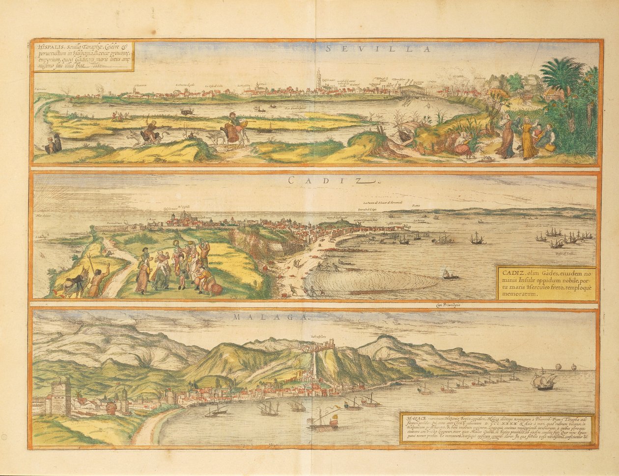 Mapa Sewilli, Kadyksu i Malagi, Hiszpania z Civitates Orbis Terrarum autorstwa Georga Braun autorstwa Georg Braun and Hogenberg Franz