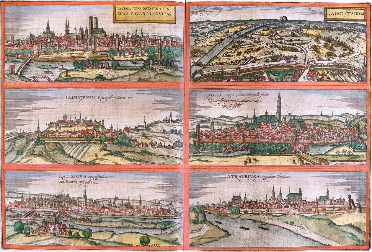 Monachium, Ingolstadt, Freising, Nördlingen, Regensburg, Straubing, Niemcy autorstwa Georg and Hogenberg Franz (1535-90) Braun