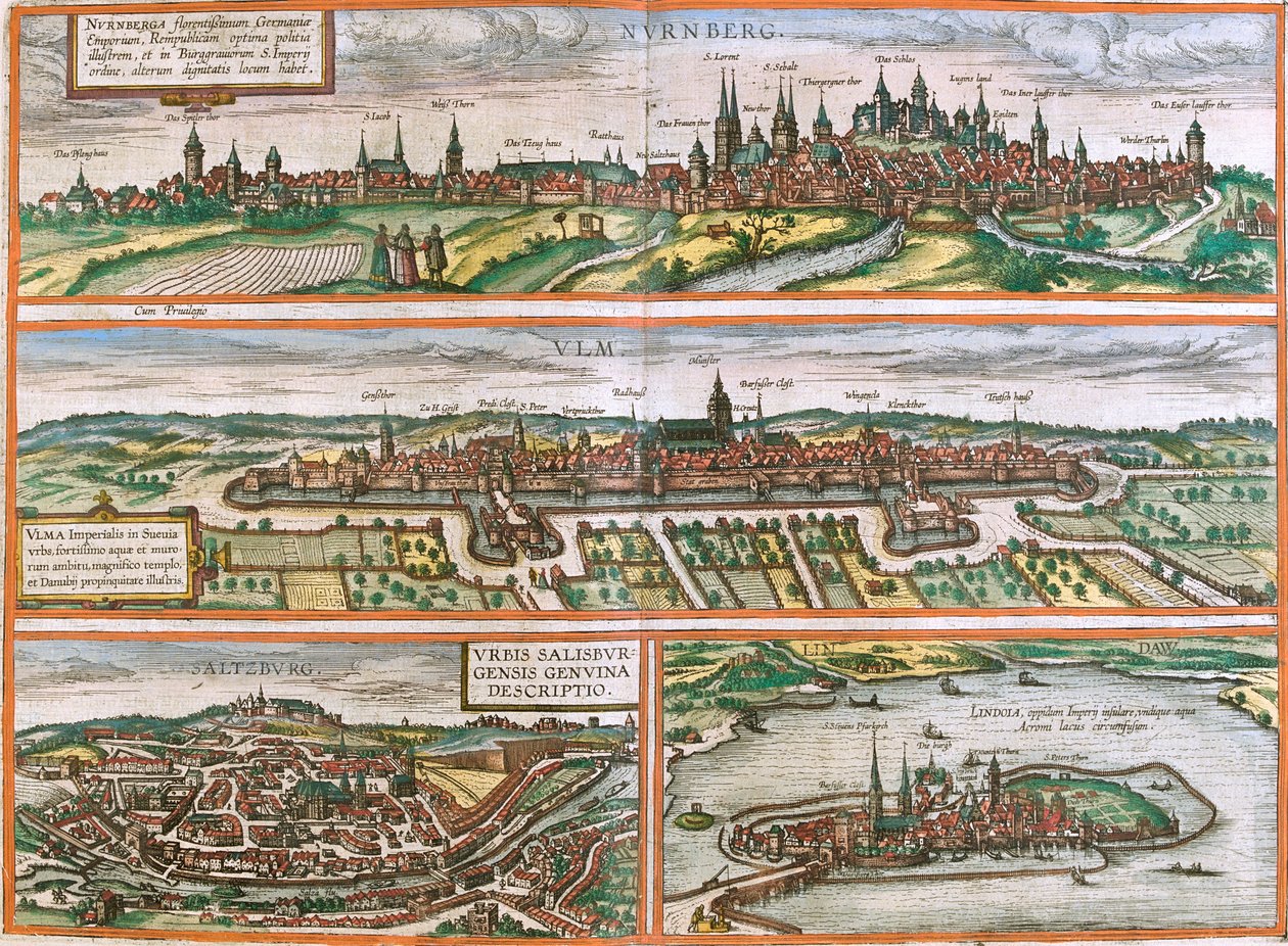 Norymberga, Ulm, Salzburg, Lindau, Niemcy, Austria autorstwa Georg and Hogenberg Franz (1535 90) Braun