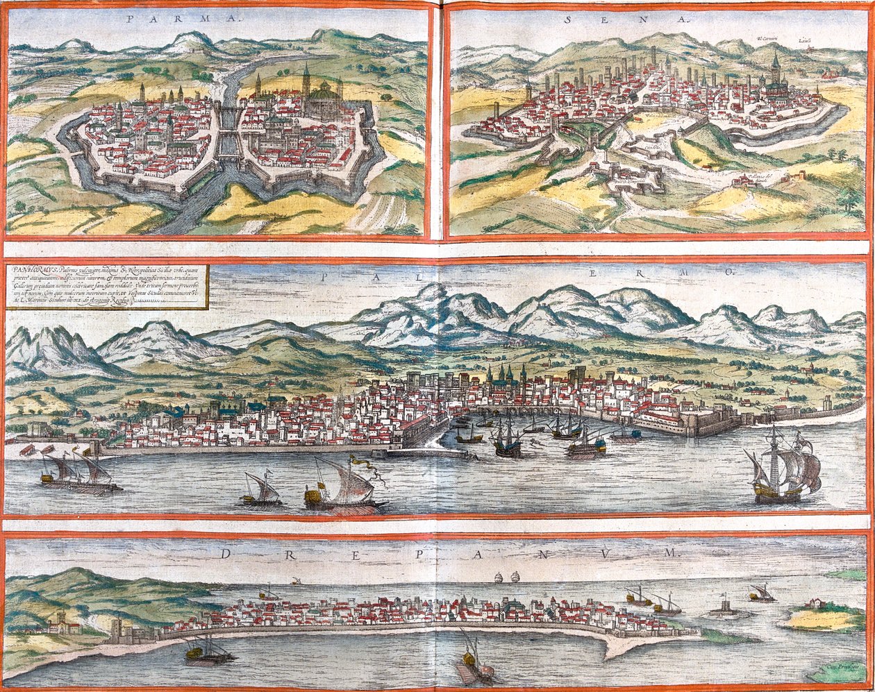 Parma, Siena, Palermo, Trapani, Włochy autorstwa Georg and Hogenberg Franz (1535 90) Braun