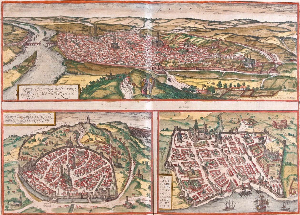 Rouen, Nimes, Bordeaux, Francja autorstwa Georg and Hogenberg Franz (1535-90) Braun