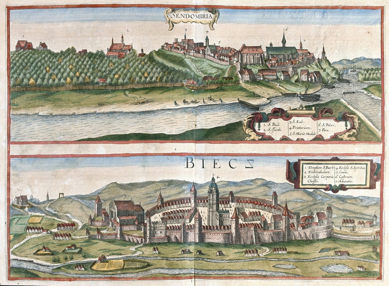 Sandomierz i Biecz, Polska (rycina autorstwa Georg Braun and Hogenberg Franz